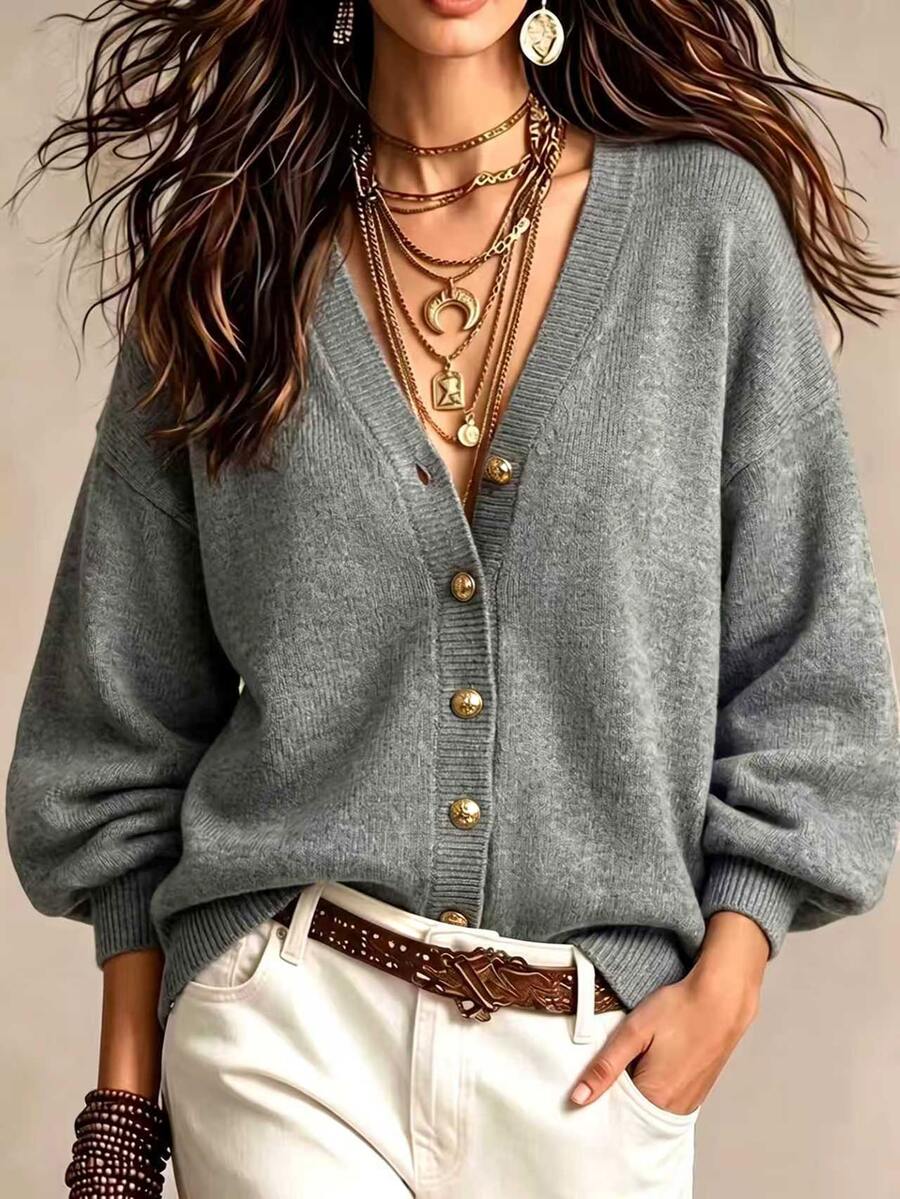 Linhara CURVE Plus Size Vintage Fashion Button Long Sleeve Knit Cardigan - Grey - View 1