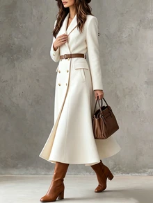 LUMIGAL Women's Autumn/Winter Solid Color Lapel Neck Long Sleeve Double-Breasted Elegant Overcoat - Apricot - View 6