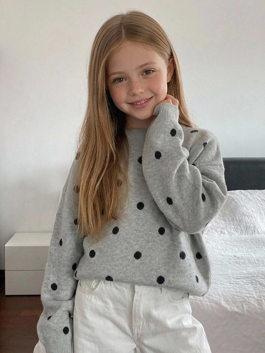 DAZY Tween Girl) Polka Dot Casual Cute Minimalist Crew Neck Pullover Basic Layering Thick Sweater, Autumn/Winter - Light Grey - View 1