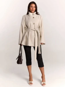 SHEIN BAE Women's Minimalist Button High Neck Long Sleeve Jacket Streetwear - Apricot - View 4