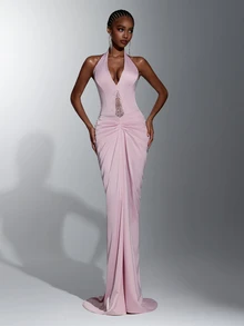 Elitara Gaun Malam Model Duyung Elegan Berwarna Merah Muda Pucat dengan Leher V Dalam, Bagian Dada dan Pinggang Berkerut, Gaun Formal Panjang Hingga Lantai untuk Pernikahan, Pesta Gala, dan Pesta Koktail - Dusty Pink - View 5