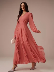 BELROSIE Lightweight Vacation Style Chiffon V-Neck Ruched Waist Ruffle Hem Long Sleeve Dress For Women - Orange - View 5