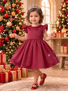 SHEIN Baby Girl Solid Color Round Neck Short Flutter Sleeve Back Bow Decor Cute Dress - Red - View 3