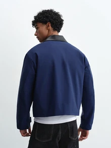 TOKVUE Men's Short Patchwork Navy Blue Jacket, Autumn - Navy Blue - View 2