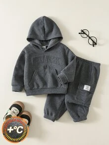 SHEIN 2件組男嬰秋冬休閒衛衣褲套裝，衛衣套裝，嬰兒套裝，秋冬套裝，運動套裝，灰色套裝 - 彩色 - 查看 3