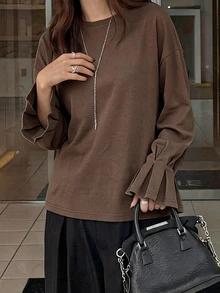 FRIFUL Kaos Lengan Panjang Wanita Warna Polos Kasual Serbaguna untuk Sehari-hari - Coklat - View 4