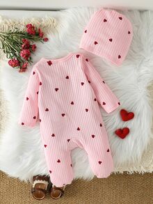 SHEIN 女嬰 2 件套愛心印花羅紋長袖連身包屁衣與蝴蝶結帽子，0-12M 新生兒嬰兒套裝 - 粉色 - 查看 3