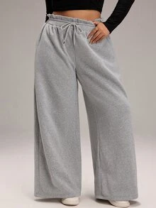 EMERY ROSE Plus Size Women Solid Color Casual Wide Leg Pants For Daily Wear - Grey - View 3