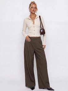 Avantive Women's Solid Color Asymmetric Button Placket Pocket Casual Suit Pants - Rust Brown - View 7