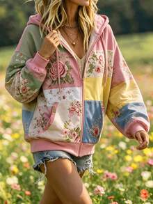 Selamara Women's Vintage Sweet Pink Tone Multi-Color Patchwork Oil Painting Rose Print Long Sleeve Sweatshirt, Drawstring Hood Loose Fit Flattering Long Sleeve Versatile Casual Commute Zip-Up Sweatshirt - Pink - View 4