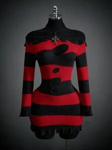 SHEIN ICON Gaun Rajut Kasual Wanita dengan Bahu Asimetris dan Kombinasi Warna, Kostum Halloween untuk Wanita - Merah dan hitam - View 9
