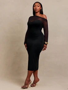 SHEIN SXY Black High Elasticity Knit Mesh Patchwork Asymmetric Neckline Long Sleeve Fitted Midi Dress - Black - View 7