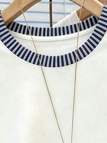 Resyla 大尺碼女款拼接袖T恤，夏季出遊上衣，直條紋印花圖案，圖案設計，高級感，休閒百搭 - 彩色 - 查看 4