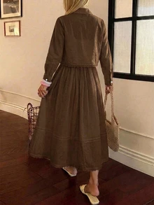 DAZY 春夏女款優雅蕾絲拼接口袋襯衫與裙子兩件套 - 棕色 - 查看 2