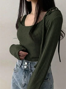 DAZY 女款修身長袖休閒極簡風T恤 - 軍綠色 - 查看 3