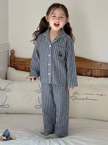 Dazy Kids 女童秋季小格紋刺繡長袖居家休閒套裝（褲裝套裝） - 藍白色 - 查看 4