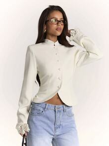 SHEIN BAE Women's Autumn/Winter Contrast Lace Design Blazer, Commuter Chic Outfit, Daily Streetwear - White - View 2