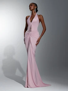 Elitara Gaun Malam Model Duyung Elegan Berwarna Merah Muda Pucat dengan Leher V Dalam, Bagian Dada dan Pinggang Berkerut, Gaun Formal Panjang Hingga Lantai untuk Pernikahan, Pesta Gala, dan Pesta Koktail - Dusty Pink - View 1