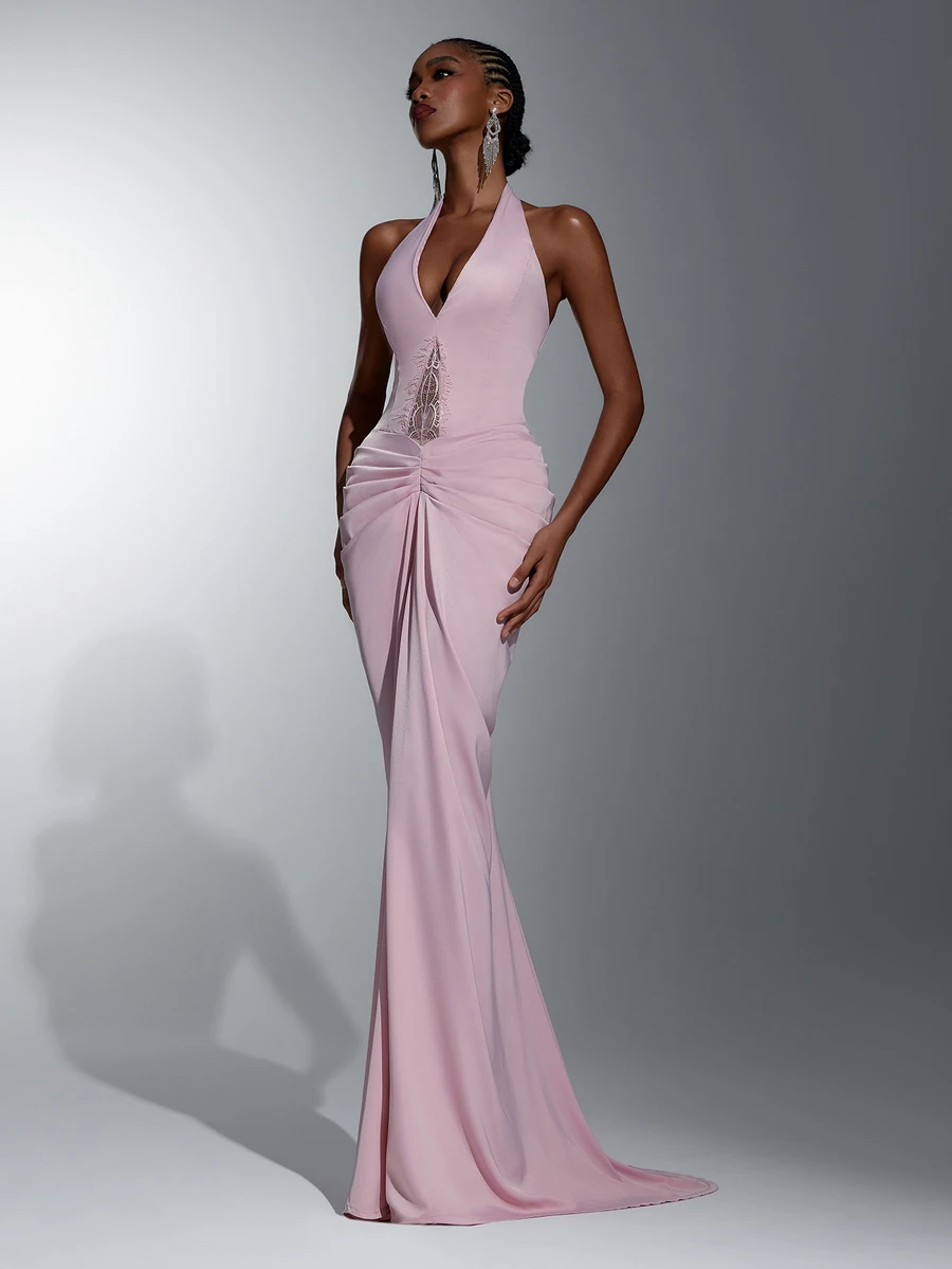 Elitara Gaun Malam Model Duyung Elegan Berwarna Merah Muda Pucat dengan Leher V Dalam, Bagian Dada dan Pinggang Berkerut, Gaun Formal Panjang Hingga Lantai untuk Pernikahan, Pesta Gala, dan Pesta Koktail - Dusty Pink - View 1