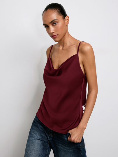 Maija Women's Summer Camisole Tank Top With Backless Tie Detail, Draped Neckline, Satin Glossy Finish, Casual Comfortable Urban Style