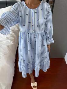 Livesso 女款條紋滿版印花休閒居家睡裙 - 藍色 - 查看 8