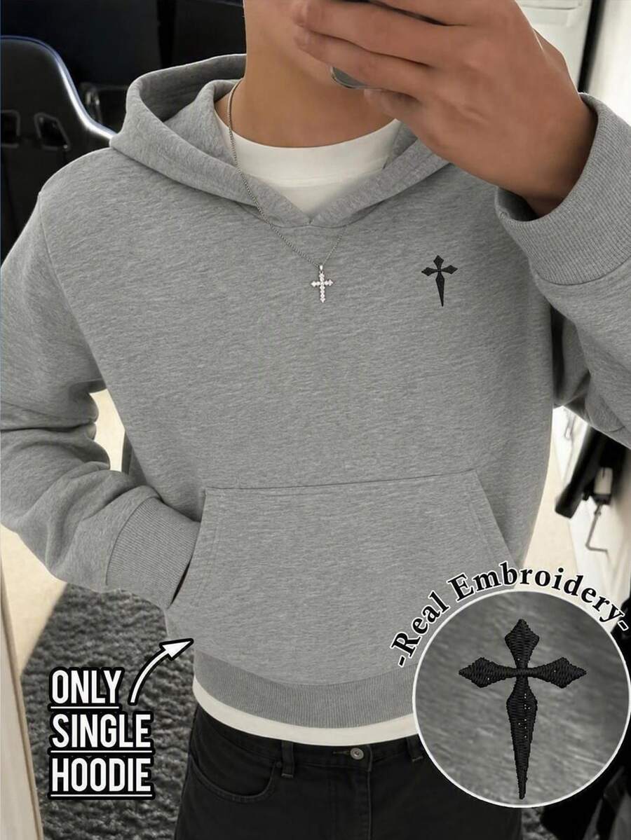 SHEIN Teen Boy Cross Embroidery Pocket Sweatshirt Casual - Grey - View 1