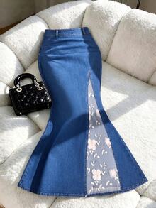 GlowEve Women's Patchwork Floral Embroidered Mesh Mermaid Tail Elegant Denim Skirt - Blue - View 1