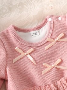 SHEIN 1 Piece Baby Girls Tutu Dress Cute Sweet Dusty Pink Bowknot Fuzzy Plush Skirt Long Sleeve Round Neck Thick Birthday Winter Fall Jumpers - Dusty Pink - View 8
