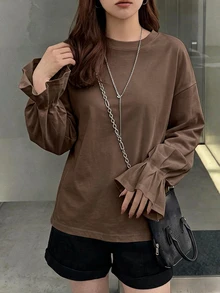 FRIFUL Kaos Lengan Panjang Wanita Warna Polos Kasual Serbaguna untuk Sehari-hari - Coklat - View 2