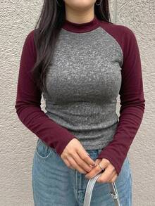 Dazy Plus Colorblock Patchwork Fitted Street Casual Short Long Sleeve Spring Autumn T-Shirt - Burgundy - View 4