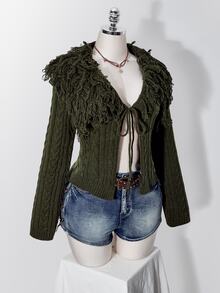 SHEIN ICON Plus Size Y2K Knit Top With Turn-Down Collar, Fur Trim And Tassel - Army Green - View 7