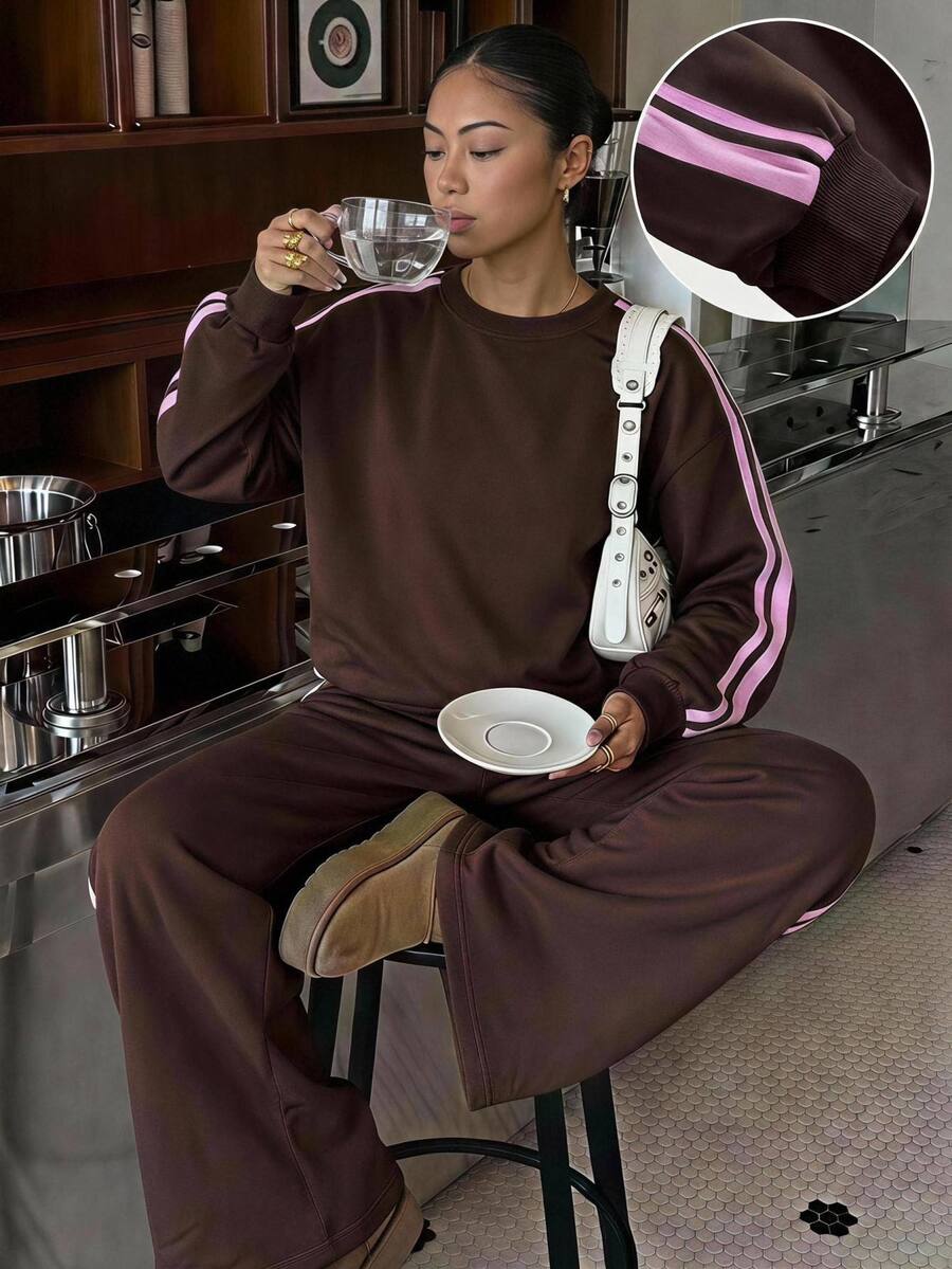 SHEIN Teen Girl Fall Outfits Brown Pink Stripe Crew Neck Ribbed Long Sleeve Sweatshirt & Wide Leg Sweatpants Co-Ords Set, Fall Clothes Casual School Wear - Coffee Brown - View 1
