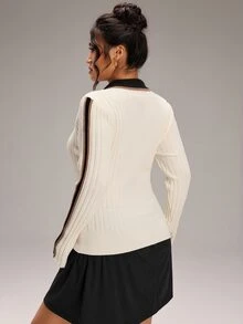 SHEIN BASICS Plus Size Women Colorblock Polo Collar Long Sleeve Casual Sweater Winter - White - View 7