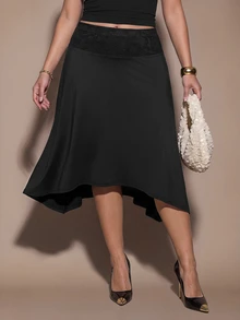 SHEIN BAE CURVE 大尺碼女款純色休閒百搭日常裙 - 黑色 - 查看 3