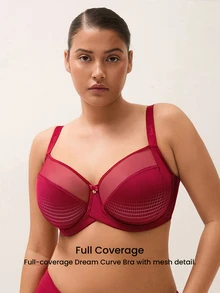 LUVLETTE Plus Unlined Full Coverage Side Support Christmas Red Mesh Sheer Basic Breezy Comfort Minimizer Women Lingerie Intimates Bra - Red - View 3