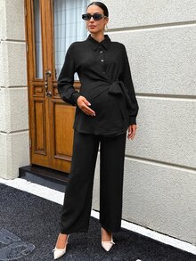 SHEIN 孕婦純色單排扣蝴蝶結前綁帶長袖上衣與長褲兩件套 - 黑色 - 查看 6