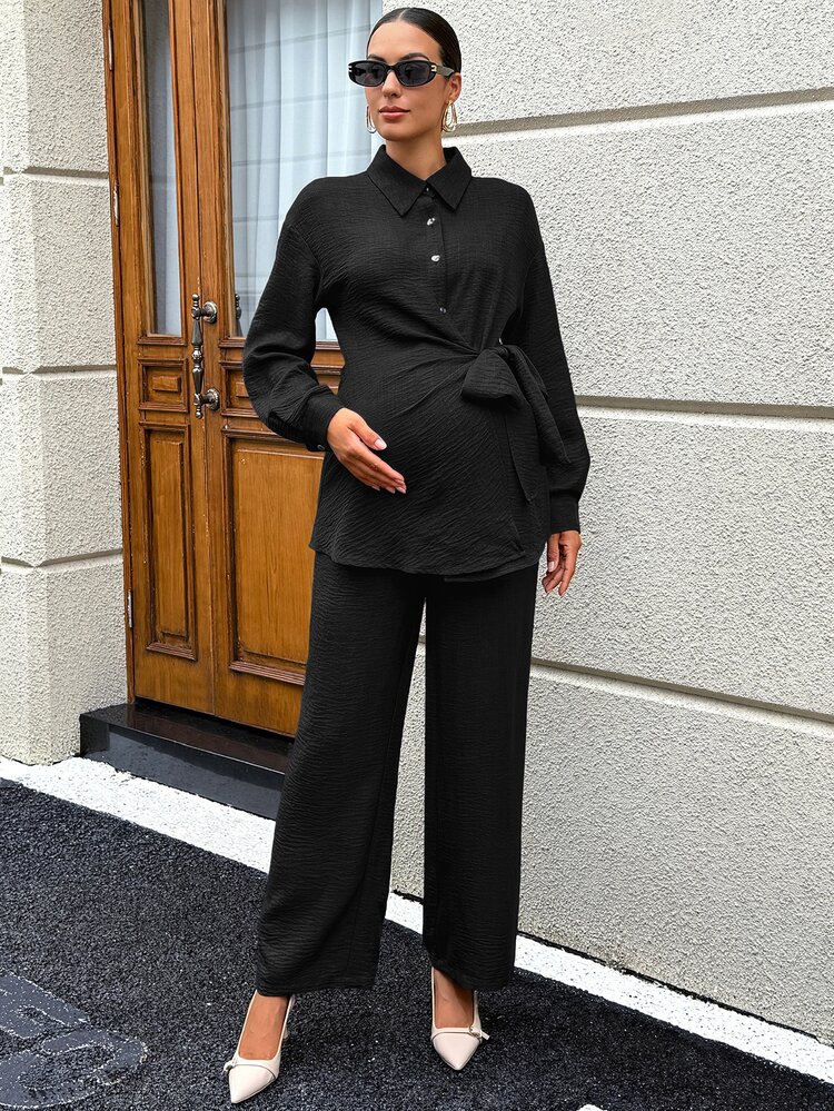 SHEIN Maternity Solid Color Single-Breasted Bowknot Tie-Front Long Sleeve Top And Pants 2 Pieces Set - Black - View 6