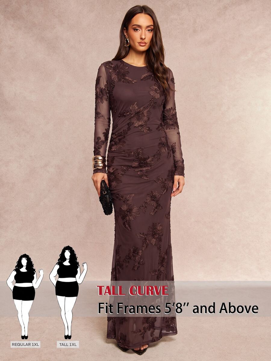SHEIN Tall CURVE 大尺碼女款緹花網紗圓領長袖修身優雅洋裝 - 棕色 - 查看 1