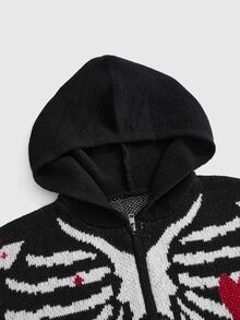 ROMWE Dark Gothic Christmas Plus Size Women's Hooded Knit Cardigan, Skeleton Heart Pattern Plush Collar Zipper Design, Punk Music Festival Sweater Jacket - Black - View 3