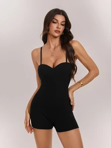 SHEIN Tall Women's Solid Color Fitted Backless Spaghetti Strap Romper - Minimalist Black, Suitable For Sexy Summer Outfits - Black - View 5