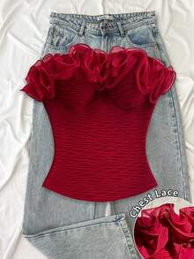 SHEIN Franclia Plus Size Pure Desire Style Off-Shoulder Ruffle Bandeau Tank Top, Burgundy Pleated Texture Waist-Cinching Slimming Bustier Top, Suitable For Date, Party, Gathering, Vacation, Outerwear And Innerwear - Burgundy - View 3