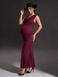Cheriluna Maternity Burgundy Shiny Fabric Ruched Neck Maternity Portrait Dress, Sleeveless Tank Top Bodycon Split Fishtail, Elegant And Glamorous For Evening Party - Burgundy - View 4