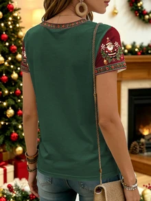 Breezaya Christmas Cute Little Reindeer & Santa Claus Pattern Print Fashion Plus Size T-Shirt - Multicolor - View 2