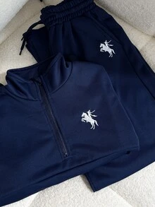 SHEIN 青少年女孩套裝，小高領長袖寬鬆衛衣搭配休閒寬腿運動褲，運動束口褲，校園度假風，海軍藍，秋季 - 藏蓝色 - 查看 1