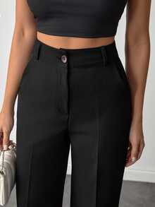 EURMUSE Plus Size Women Solid Color High Waist Straight Leg Pants For Everyday Wear - Black - View 5
