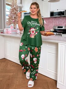 Slumberry CURVE Plus Size Women's Cartoon Print Short Sleeve Top And Long Pants Casual Daily Home Sleepwear Set - Green - View 6