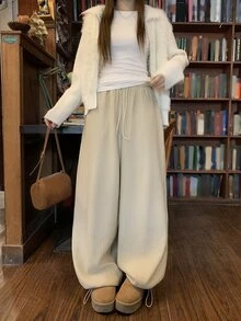 DAZY Women's Solid Color Drawstring Waist Casual Daily Sweatpants - Khaki - View 5