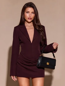 SHEIN BAE 時尚優雅通勤西裝外套、粉色西裝洋裝、長袖 + 迷你裙、職場女力洋裝、回歸辦公室、粉色套裝洋裝、約會之夜 / 婚禮賓客 - 紫紅色 - 查看 6