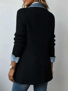 SHEIN Franclia Women's Fall Winter Denim Print Contrast Lapel Blazer Corduroy Woven Ribbed Long Sleeve Button Down Jacket With Pockets Casual Office Outerwear - Black - View 2