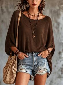 SHEIN Kaos Wanita Polos Kasual Serbaguna untuk Pemakaian Sehari-hari - Coffee Brown - View 8